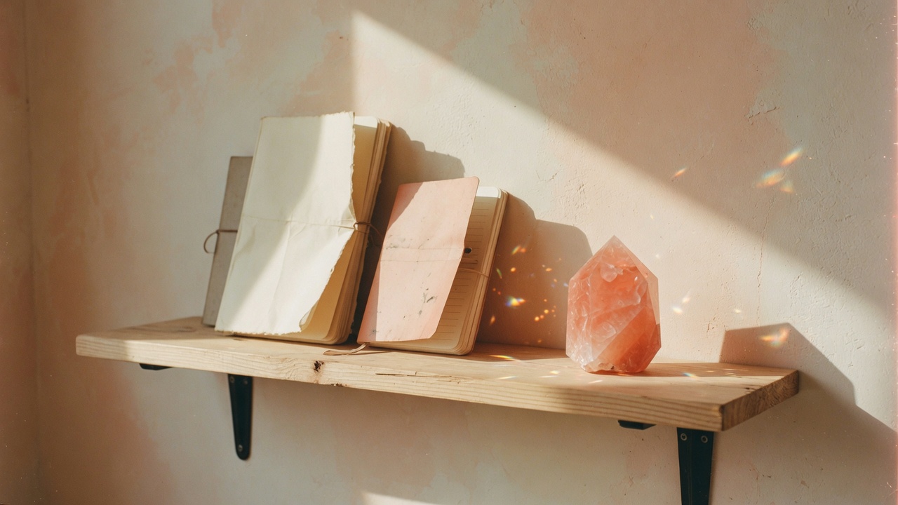 Notebooks and a coral crystal on a sunlit wooden shelf